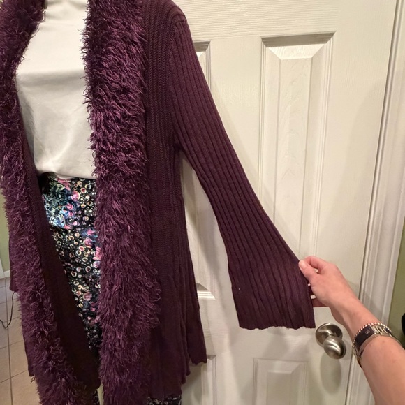 Women's Purple Open Front w/A FauxFur Collar Knitted Cardigan Sweater Midlength - Picture 3 of 5
